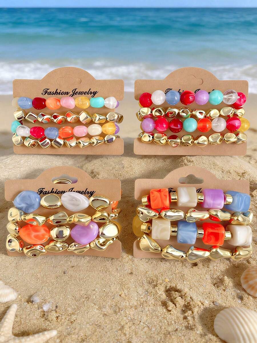 Betykuku 4 piezas Pulsera de verano colorida y dulce tipo Candy, pulsera elástica con cuentas para playa y vacaciones, joyería resistente al desgaste como regalo para mujeres y niñas, para uso casual y de fiesta