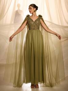VIPGIRL Elegante y lujoso vestido de noche verde oliva con cuentas - Escote en V profundo y mangas desmontables de tul | Ideal para galas, eventos de etiqueta negra y ocasiones formales de alto nivel Fiesta de boda - Verde - Ver 3