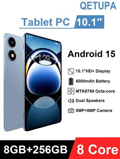 Qetupa 10.1英寸安卓15平板电脑，8GB内存+256GB存储空间（可扩展至1TB），MTK8788八核2.0GHz处理器，高清(1280x800) IPS触控屏，500万像素前置摄像头和800万像素后置摄像头，6000mAh长效电池，蓝牙5.2，GPS，支持802.11ax Wi-Fi 6，Type-C充电接口，不支持SIM卡——学生/成人平板电脑