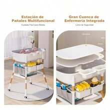 Cambiador para Bebe Bañera para Bebe Alta Impermeable Portátil con Ajustable en 3 Alturas Cojín 4 Canasta de Alenamiento 3 Bolsa de Alenamiento 360°Ruedas 77 * 66 * 96cm - Gris - Ver 5