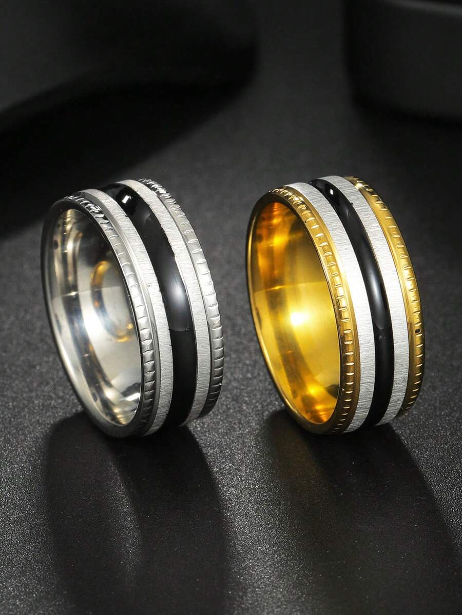 男士时尚不锈钢条纹戒指 1 件 - 條紋 - 查看 1