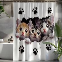 1pc Cute Cat Striped Print Shower Curtain, High Quality Home Decor Curtain, Modern Versatile Bathroom Matching, All Season Shower Curtain With 12 Hooks - S2163 - View 1