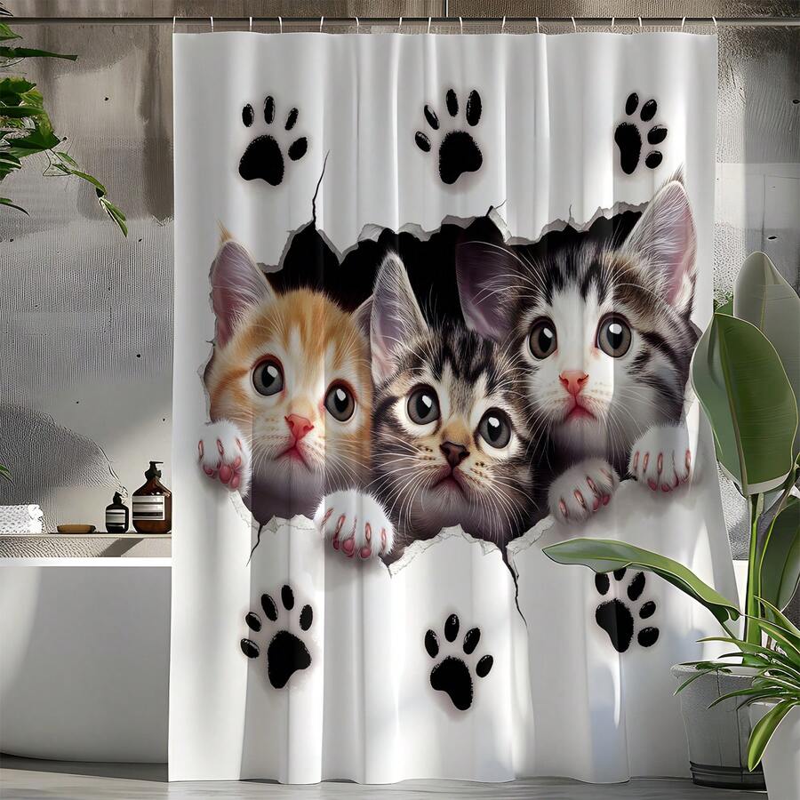 1pc Cute Cat Striped Print Shower Curtain, High Quality Home Decor Curtain, Modern Versatile Bathroom Matching, All Season Shower Curtain With 12 Hooks - S2163 - View 1