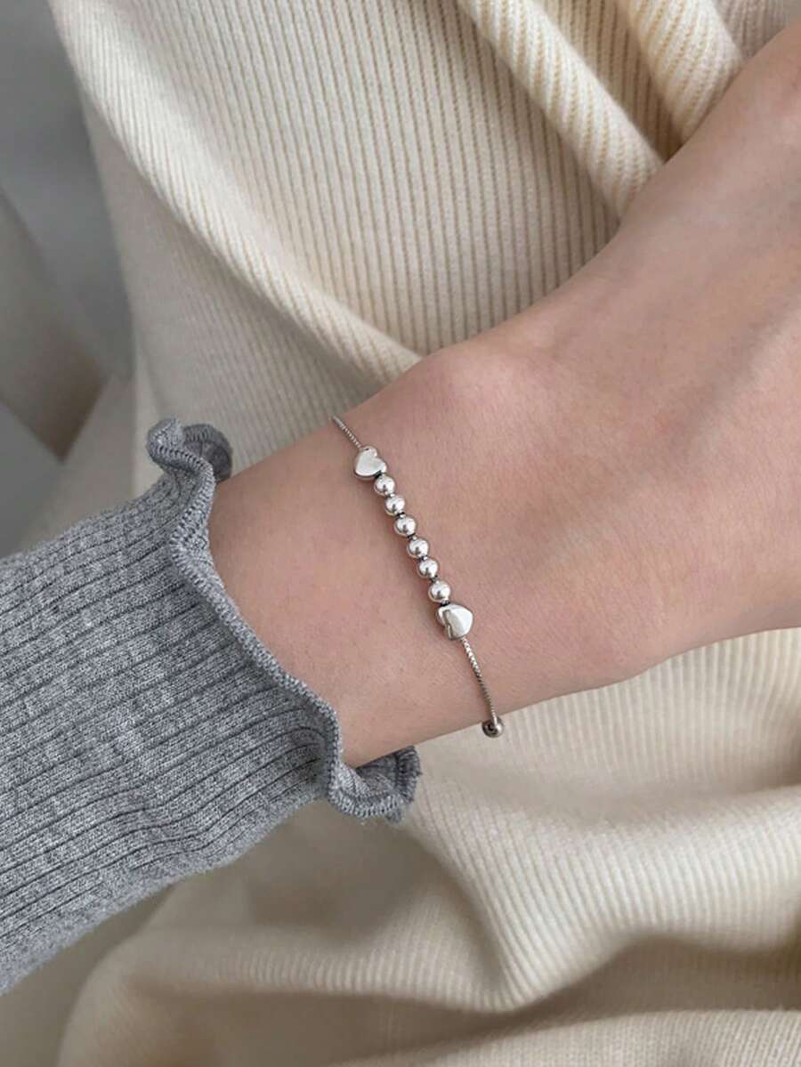 1pc S925 Sterling Silver Minimalist Cute Sweet Beaded Heart Bracelet, Versatile Daily Wear For Women - Silver - View 1