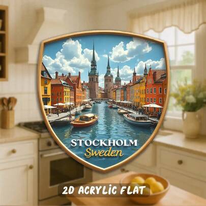 2D平面，1个瑞典斯德哥尔摩亚克力冰箱贴 - 3.15英寸复古城市景观，河流和色彩缤纷的建筑 - 非常适合旅行爱好者和怀旧人士 - 理想的圣诞节、新年和节日礼物，冰箱贴，厨房装饰，生动的城市风景，耐用磁铁，2D平面