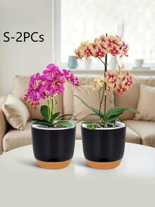 1/2个圆形塑料自吸水花盆，适用于室内外花卉植物、兰花、香草、虎尾兰和多肉植物，装饰性兰花容器 - 均碼 - 查看 13