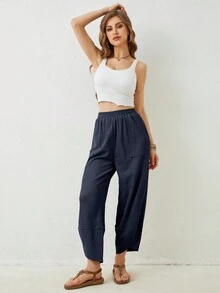 Women's Baggy Wide Leg Pants,Fall Cargo Pants With Paper Bag Waist,Cotton Loose Fit Palazzo Pants With Pockets - Màu xanh hải quân - Xem 6