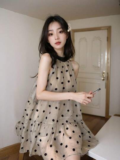 Đầm chấm bi trễ vai không tay mới, đầm ngắn kiểu Pháp mùa hè dành cho nữ dáng nhỏ nhắn, thích hợp đi biển.