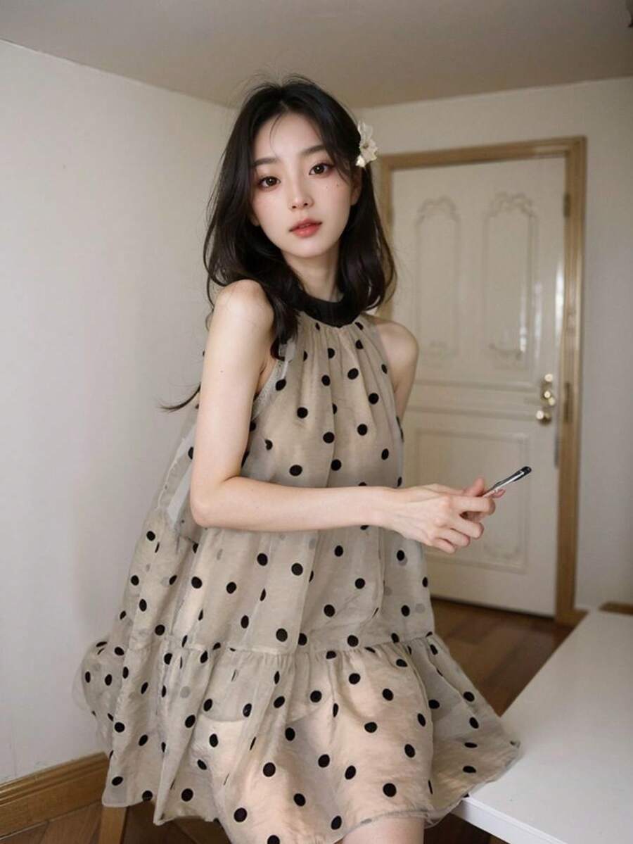 Đầm chấm bi trễ vai không tay mới, đầm ngắn kiểu Pháp mùa hè dành cho nữ dáng nhỏ nhắn, thanh lịch, thích hợp đi biển. - Màu Khaki - Xem 1