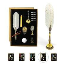 Feather Quill Calligraphy Set – Antique Dip Pen Writing Kit With 12 Zodiac Wax Seals, Ink, Nibs, Pen Stand, Envelopes & Paper – Vintage Gift For Beginners (White) - White - View 1