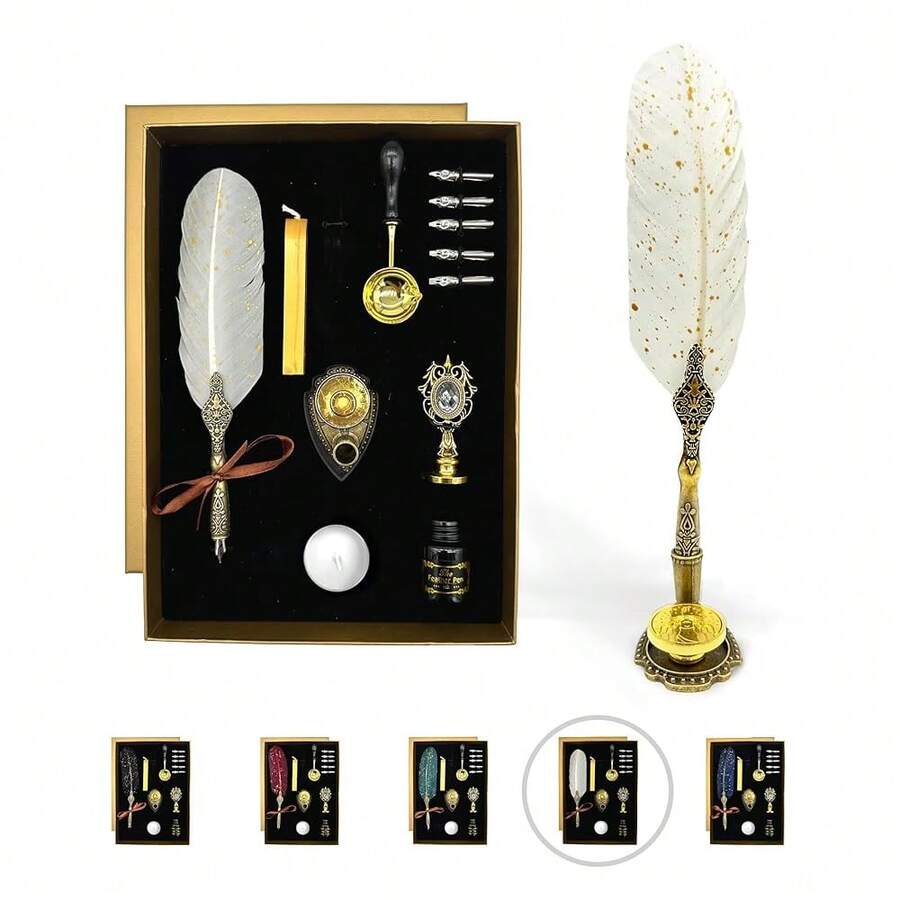 Feather Quill Calligraphy Set – Antique Dip Pen Writing Kit With 12 Zodiac Wax Seals, Ink, Nibs, Pen Stand, Envelopes & Paper – Vintage Gift For Beginners (White) - White - View 1