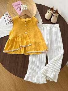 2pcs/Set Girls' Asymmetrical Sleeveless Patchwork Top And Wide Leg Pants Set, Summer - Yellow - View 1
