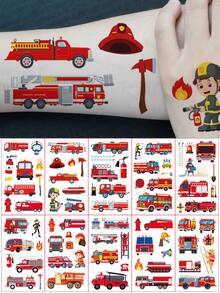 10 Sheets Of Fire Truck Series Temporary Tattoos, Featuring Fire Trucks, Firefighters, Fire Extinguishers, And Firefighting Equipment Elements With 81 Designs. Waterproof, Fun, And Realistic Fake Tattoo Stickers, Perfect As Holiday Or Birthday Party - Multicolor - View 2