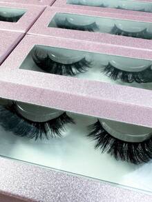 1对黑色D形仿貂毛粉色闪光纸板假睫毛套装，18毫米卷翘蓬松自然猫眼假睫毛，适合日常自然妆容 - 黑色 - 查看 5