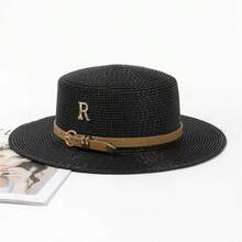 1pc Women's Leather Buckle Strap Letter Decor Straw Hat, Fashionable, Generous, Sweet & Cute, Suitable For Beach, Vacation And Daily Matching, UV Protection - Straw Hat - View 5