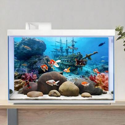 Hình nền bể cá cảnh rạn san hô và xác tàu đắm, tranh nền bể cá, hình dán nền bể cá, hình dán nền chuồng bò sát, mặt trước tự dính, trang trí cảnh quan bể cá, đồ trang trí bể cá.