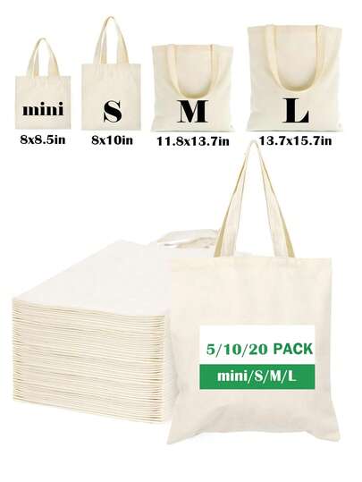 1/5/10/20 paquete de bolsas de lona - Mini/S/M/L Bolsas de lona reutilizables de varios tamaños en blanco, de gran capacidad, resistentes, bolsas de compras reutilizables para supermercado, bolsas de lona para manualidades, pintura, bolsas de regalo, bolsas de fiesta, bolsas de boda, regalos para invitados, empleados, enfermeras, maestros, mamá