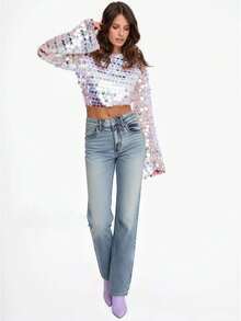 Womens Sequin Flared  Long Sleeve Blouse Tops Long Sleeve Sequined Loose Fit Glitter Sparkly Bell Sleeve Crew Neck Shirts Summer Holiday Beachwear Party Clubwear - 銀色 - 查看 6