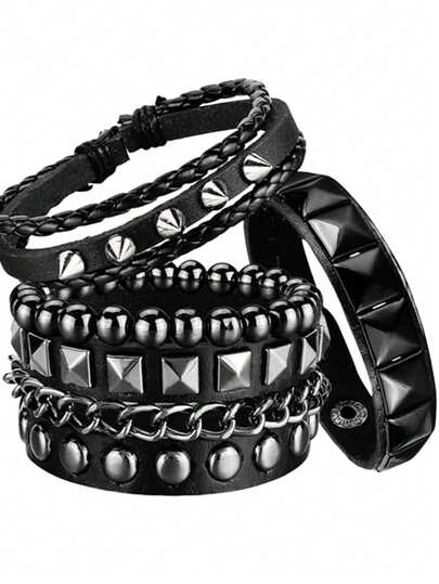 1/4 Pcs Punk Rock Leather Studded Bracelets For Men Women 80s Gothic Spike Cuff Bracelet Set Emo Accessories For Rocker Outfits