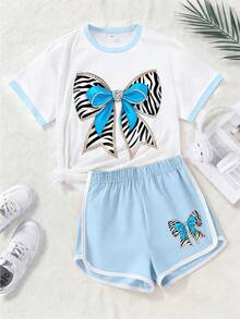 2pcs Girls Set, Round Neck T-Shirt With Color Block Shorts, Zebra Print And Rhinestone Bow Decor, Casual Outfit For School, Street Style, Daily Wear - Baby Blue - View 2