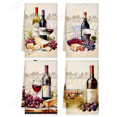 4 Stücke Küchentücher mit Rotwein-Glas Muster, klassischer Stil Dekoration, super weich & saugfähig, Geschirrtücher zum Kochen, Backen und Teetrinken, Geschenke für Familie und Freunde