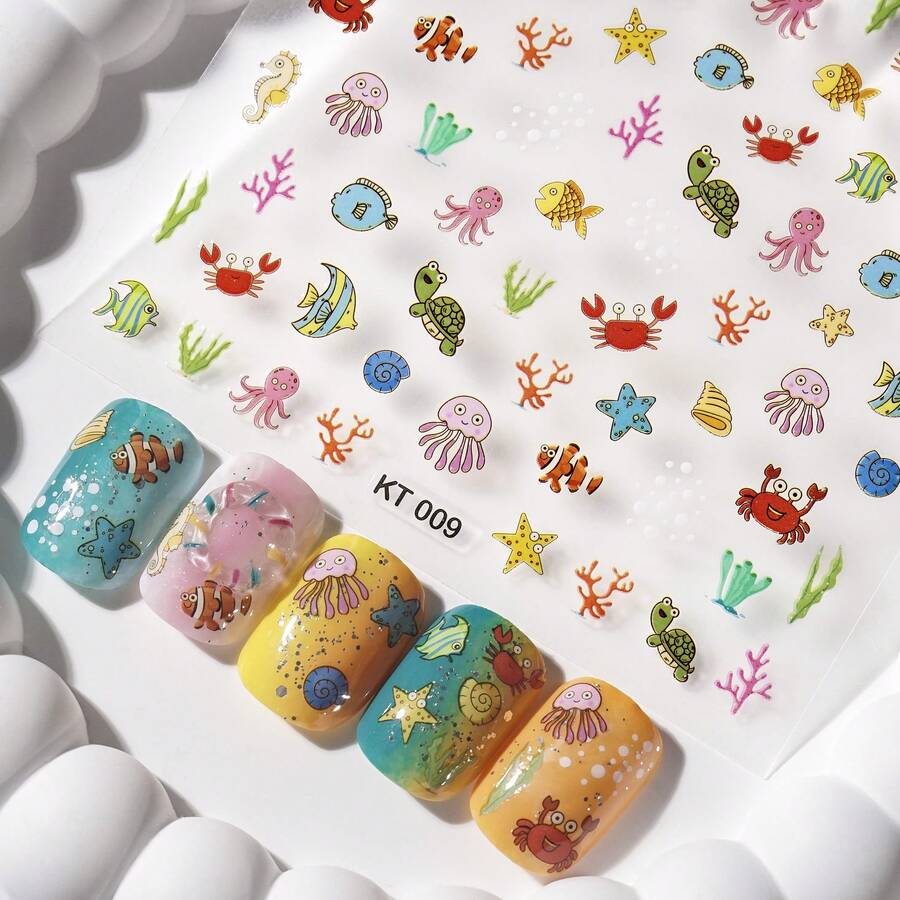 Beautizon Nailartlab 1个海星美甲贴纸,卡通海龟/章鱼/螃蟹/鱼等动物图案,DIY艺术Y2K风格美甲装饰贴纸 - 彩色 - 查看 1