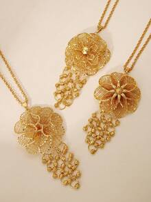 1pc Elegant Copper-Gilded Flower Pendant Necklace With Bead Strings, Flowing Tassels And Chain, Hollow Long Necklace. Women's Summer Jewelry Accessory. - Yellow Gold - View 3