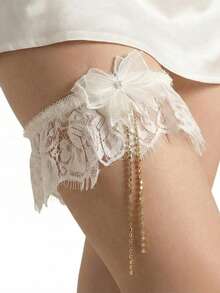 European And American Sexy White Lace Trim Double Bow Gold Chain Zirconia Bridal Thigh Garter - White - View 1