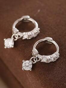 一对简约锆石小耳夹，精致时尚的镶钻戒指耳环，易于搭配 - 銀色 - 查看 5