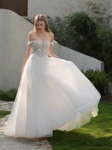 YOUKEFEIER 2025新款优雅性感露肩开衩蕾丝刺绣串珠长款婚纱，后背系带可调节 - 白色 - 查看 4