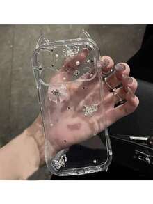 1个新款Y2K猫耳透明闪钻镂空蝴蝶奢华名媛风手机壳，适用于 17 Pro Max、16、15 Pro、14、13 Pro Max、12、11，TPU软保护套 - 粉蝴蝶結 - 查看 2