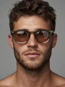 1副男士橄榄绿圆形PC镜片柔和茶色百搭时尚眼镜 - 橄欖綠 - 查看 1