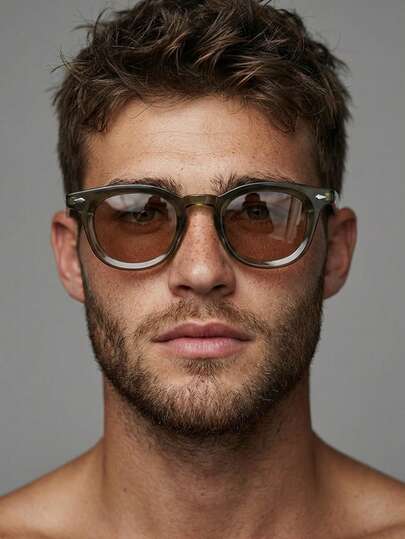 זוג אחד משקפיים אופנתיים רב-תכליתיים בצבע ירוק זית עגול לגברים עם עדשות PC עדינות בצבע תה