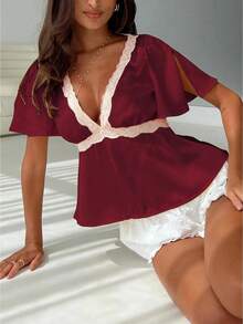 Baby Doll Top For Women Flowy Ruffle Short Sleeve Lace Trim V Neck Silk Satin Pelpum Top Shirt High Waist Elegant Dressy Slip Blouse Top Aesthetic Clothes - Màu Đỏ Sâu - Xem 1