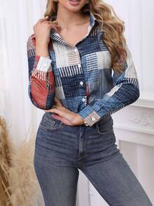 Colorblock Button Print Long Sleeve Casual Retro Shirt, Patterned Plaid Front Button Vacation Spring - Multicolor - View 9
