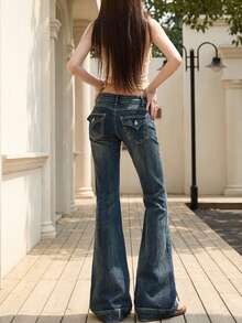 YEAE | Vintage Washed Blue Super Low-Waist High Stretch Flare Jeans Casual - Medium Wash - View 2