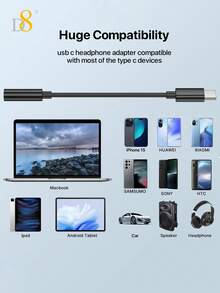 D8 IPhone16 USB-C To 3.5mm Audio Adapter, Type-C To AUX Headphone Converter With DAC Stereo Microphone, Compatible With IPhone16/16 Pro/Pro Max/15/15Plus/15Pro/15Pro Max Pro/Air 5/4 Mini 6, Galaxy S23 Ultra S22 S21 S20, Pixel 7 Pro, White - Black - View 9