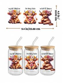 4 件/套 高地牛 UV DTF 转印贴纸（9.4x4.3 英寸），无需加热，向日葵蝴蝶西部农舍风格，可爱小牛图案，防水摩擦贴纸，适用于 16 盎司 Libbey 玻璃杯 DIY 礼品 - Baby Cow 04 - 查看 5