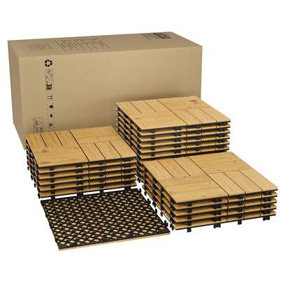 Azulejos de cubierta interconectados de madera de acacia de 12x12inch, pintura amarilla impermeable de patio antideslizante - fácil instalación de bricolaje, uso al aire e interior - 22PCS / Set