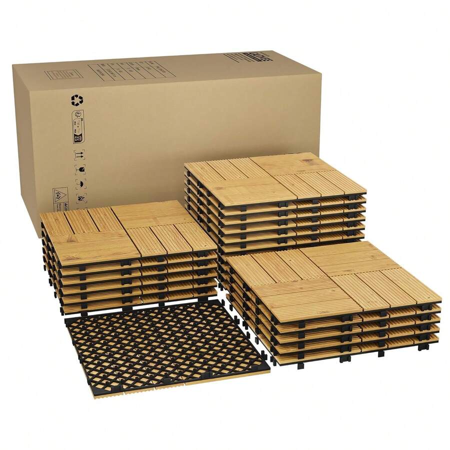 Azulejos de cubierta interconectados de madera de acacia de 12x12inch, pintura amarilla impermeable de patio antideslizante - fácil instalación de bricolaje, uso al aire e interior - 22PCS / Set - amarillo - Ver 1