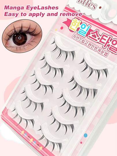 Natural 5 Pairs Wet Look Pointed Tip Cartoon Eyes Korean Style Transparent Stem One-Piece Lightweight Curling Effortless Adhesion Delicate Soft Flexible Fit Fresh Sweet Eye Makeup False Eyelashes