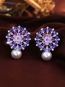 1 par de pendientes de gota con flor geométrica y perla, chapados en plata con circonita cúbica morada y rosa, joyería de CZ para boda, compromiso, baile de graduación, disfraz, accesorios para novias, damas de honor, uso diario - Morado - Ver 5
