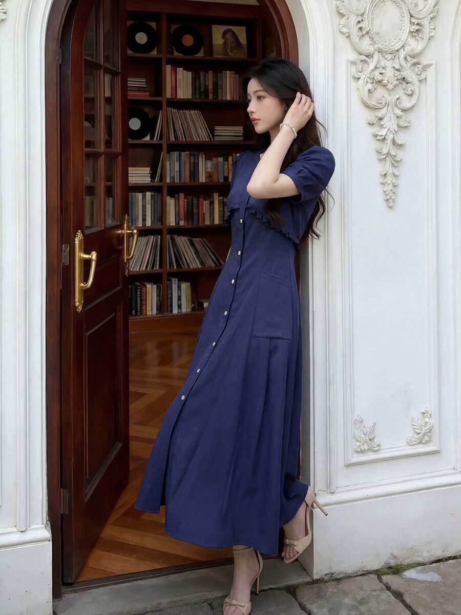 Đầm Y6Y - Mẫu đầm mùa hè mới màu xanh hải quân, thiết kế cài cúc đơn, buộc dây, thanh lịch dành cho nữ. - Màu xanh hải quân - Xem 1