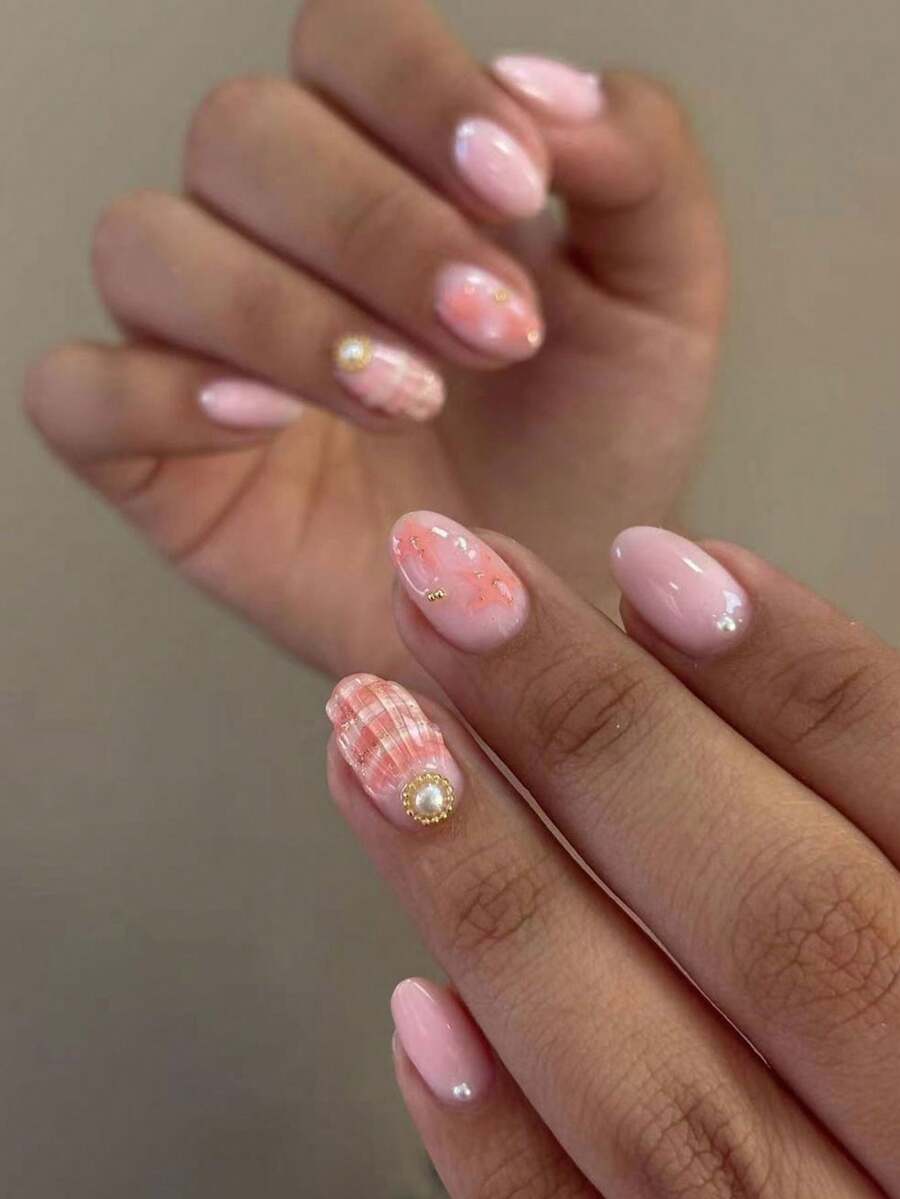 24pcs Oval 3D Sequin Shell & Pearl Nail Art Stickers, Includes 1 Bottle Of Glue And 1 Nail File, Suitable For Women's Daily Work, Study And Party Press On Nails - Multicolor - View 1