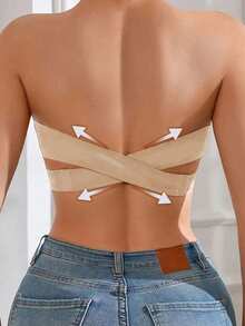 Women's Casual Comfortable Seamless Wireless Padded Bra, Crossover Wavy Trim, Adjustable Back, Minimalist Invisible Black Underwear Bra, Sexy Strapless Basic Lingerie - Apricot - View 4