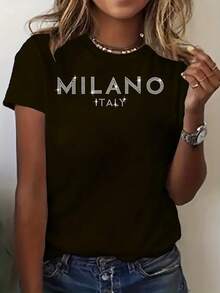 Wo Italian Graphic T-Shirt - Black With Milano Italy Lettering - Lightweight Everyday Casual Top For Spring Summer Fall - Minimalist European Travel, Ladies T Shirts, Soft Texture Shirt - màu đen - Xem 2