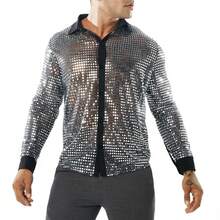 Herren Langarm Leistungsshirt, 70er Jahre Disco Party Bühnenkostüm, Rollenspiel Kostüm, Cosplay Outfit - Silber - Übersicht 1