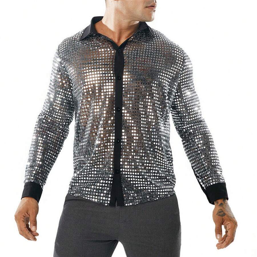Herren Langarm Leistungsshirt, 70er Jahre Disco Party Bühnenkostüm, Rollenspiel Kostüm, Cosplay Outfit - Silber - Übersicht 1