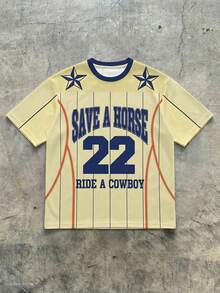 男士圆领T恤，运动学院风数字印花球衣 - 黃色 - 查看 3