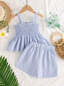 Conjunto de verão feminino com duas peças: conjunto sem mangas com estampa floral e listras em estilo retrô, ideal para atividades ao ar livre. - Azul - Ver 9